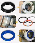 Replacement Skid Steer Hydraulic Cylinder Seal Kit For Bobcat 444 500 610 642 643 742 743 753 And More 2 Inch Bore One And A Quarter Inch Rod Heavy Duty OEM Replacement Seals showing components and installation steps