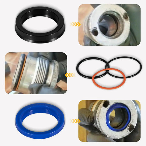 Replacement Skid Steer Hydraulic Cylinder Seal Kit For Bobcat 444 500 610 642 643 742 743 753 And More 2 Inch Bore One And A Quarter Inch Rod Heavy Duty OEM Replacement Seals showing components and installation steps