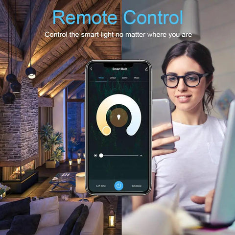 App interface for Color Changing E12 Smart LED Bulbs With WiFi And Bluetooth in living room setting.
