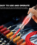 Pro Grade Led Automotive Circuit Tester Light with a sharp steel probe testing vehicle fuse, 135 inch PU wire visible