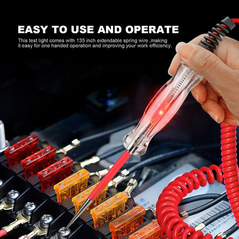 Pro Grade Led Automotive Circuit Tester Light with a sharp steel probe testing vehicle fuse, 135 inch PU wire visible