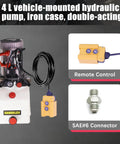 12V DC Double Acting Hydraulic Power Unit With 4L Plastic Reservoir For Dump Trailers Farm Equipment Utility Trailers And Marine Applications Portable Compact Power Solution Ready To Roll On The Job with remote control and SAE#6 connector