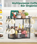 Coffee Mug Organizer Rack For Countertop, 2 Tier Mug Stand With 12 Hooks filled with mugs, coffee pods, and essentials.