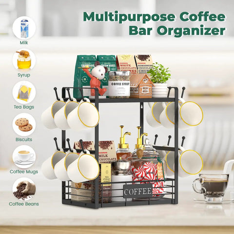 Coffee Mug Organizer Rack For Countertop, 2 Tier Mug Stand With 12 Hooks filled with mugs, coffee pods, and essentials.