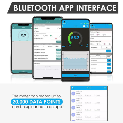 Wireless Sound Level Meter With App Data Logging Bluetooth, Portable Decibel Meter 30 To 130 dBA, High Accuracy SPL Reader For Classroom Office Home, Super Easy Smartphone Sync, Stores Up To 20,000 Readings showing app screens