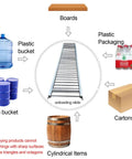 Light-Duty Roller Conveyor With 2.5cm Galvanized Steel Rollers, 40cm Wide For Warehouses And Beverage Unloading, Durable Silver Pulley System, Easy Material Handling, Rust Resistant Build, Smooth Unloading, Ready To Install showing unloading slide for buckets, cartons and bottles