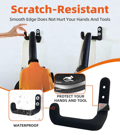 Chainsaw Wall Mount Hook Set 6 Pack Heavy Duty Chainsaw Holder with black waterproof rubber coating, installed on wall.