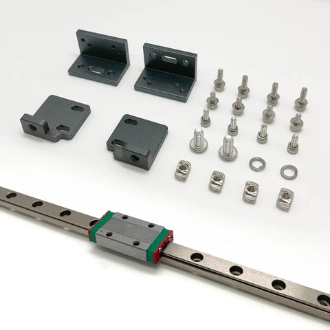 Components of X Axis Linear Guide Upgrade Kit With MGN9 Rails For Ender 3 Series 3D Printer including rail, brackets, and screws.