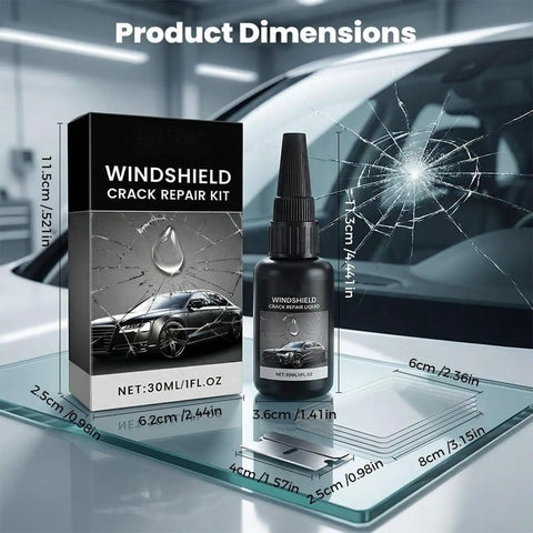 Windshield Chip Repair Kit For Quick Fixes 2026 Glass Repair Liquid Lets You Patch Cracks Fast In Car Windows Windshields And Rearview Mirrors Includes Blade And 5 Curing Films For Easy Cash-Saving Repairs shown with dimensions and bottle on glass