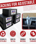 Heavy Duty Trailer Jack Blocks For RVs Up To 18,000 Lbs shown in stackable configuration with measurement detail and feature icons