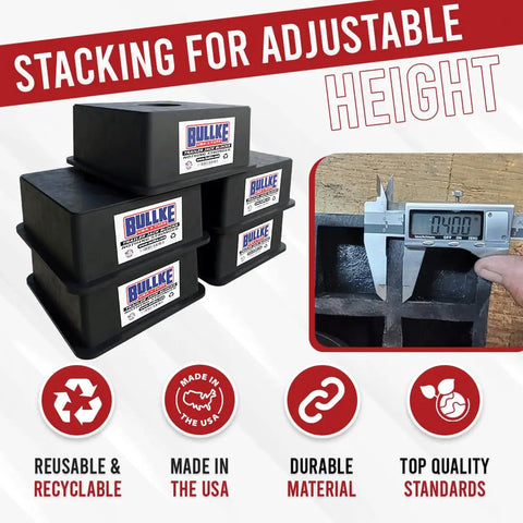 Heavy Duty Trailer Jack Blocks For RVs Up To 18,000 Lbs shown in stackable configuration with measurement detail and feature icons