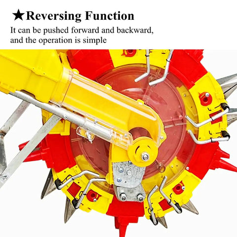 Close-up of metal precision system for Garden Seeder With Hand Push Roller And Fertilizer Spreader Dual Storage Buckets