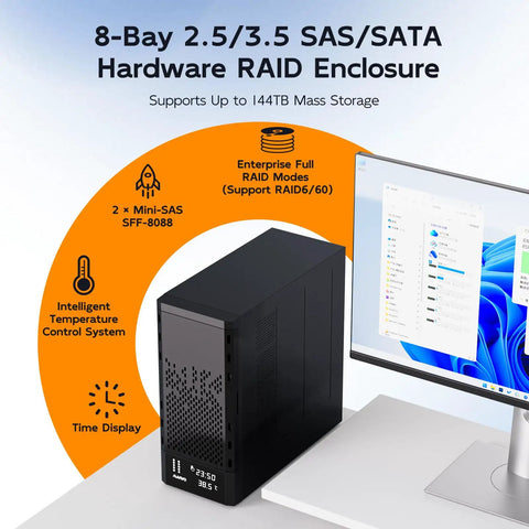 Rock Solid 8 Bay External Hard Drive Raid Enclosure For 2.5 And 3.5 Inch Sas Sata Hdd And Ssd Handles Eight Raid Modes packs 144TB storage.