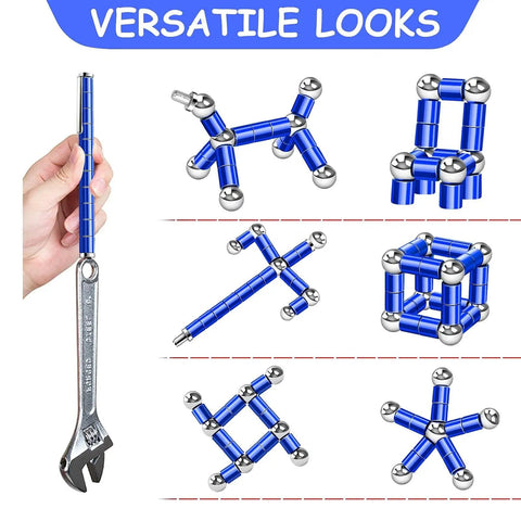 Fidget Pen For Stress Relief At Work Or School, Dope Rotating Desk Toy in blue, shapes formed with magnetic segments, ADHD calming gadget.