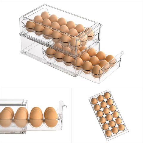 Clear BPA Free Refrigerator Organizer Bins With 18 Egg Tray Stackable Holder For Fridge Storage See Through Egg Bin Space Saver Durable Egg Storage Organizer For Freshness And Easy Access showing stacked bins and eggs.