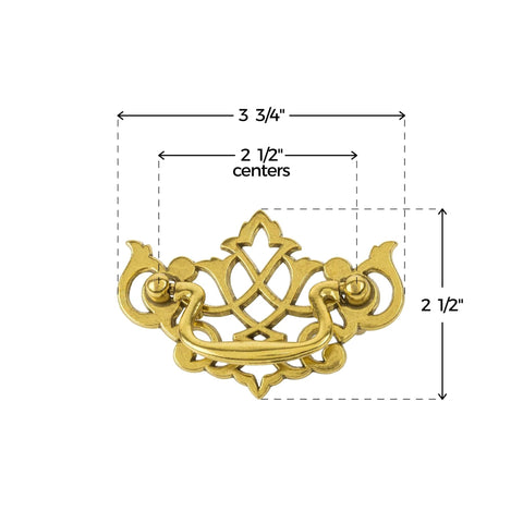 Chippendale Style Satin Brass Drawer Bail Pull For Antique Cabinets And Furniture Reproductions with size dimensions shown