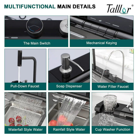 Close-up details of Slick Smart Waterfall 30 Inch Drop In Kitchen Sink with Single Bowl, 16 Gauge 304 Stainless Steel Workstation features