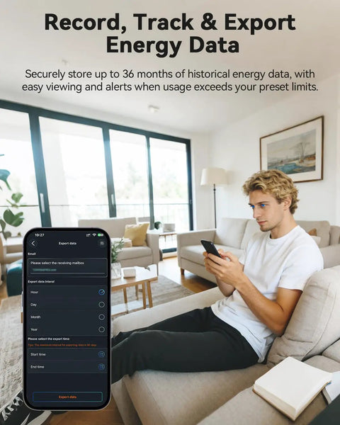 Person using Real Time Power Monitor For Your Home With 16 Channel 50A Clamp-On Sensors app in a modern living room.