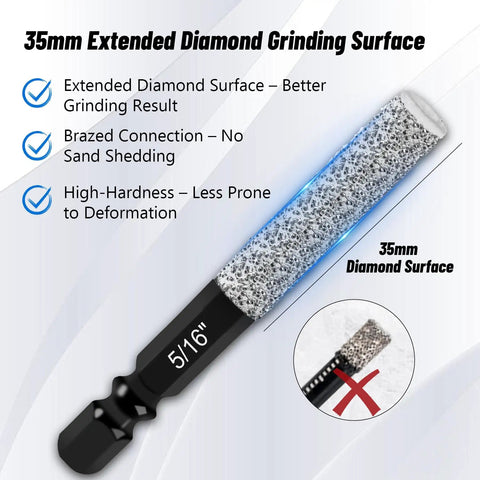 Close-up of 5/16 inch diamond drill bit from 12 Piece Diamond Drill Bit Set With 35mm Extended Diamond Brazed Grinding Surface For Glass Ceramic Porcelain Marble Granite Tiles Heavy Duty Dry Drilling Wax Core One Quarter Inch Hex Shank Includes 2 Pilot Bits.