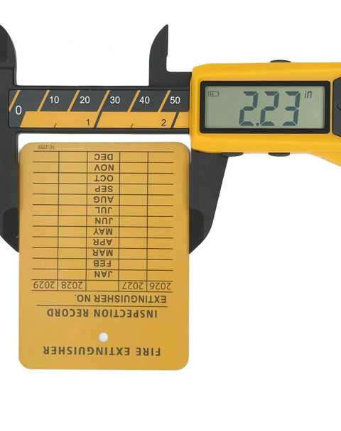 Beefy Monthly Fire Extinguisher Inspection Tags 2.25 x 3 Inches Heavy Duty Yellow Plastic for indoor outdoor use with caliper scale