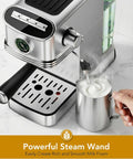 Compact Stainless Steel Espresso Machine With 20 Bar Pump And Pro Steam Wand steaming milk into a jug on a marble countertop.