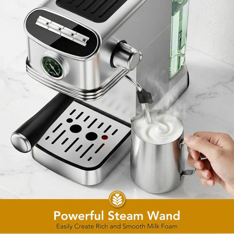 Compact Stainless Steel Espresso Machine With 20 Bar Pump And Pro Steam Wand steaming milk into a jug on a marble countertop.