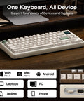Slick Retro Wireless Mechanical Keyboard Featuring Hot Swap Switches And Compact Display Screen For Epic Gamer Desk Setup With Dope Typing Feel Rad Fern Green Color Palette Cool Workspace Essential, angled view with various device compatibility.