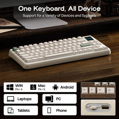 Slick Retro Wireless Mechanical Keyboard Featuring Hot Swap Switches And Compact Display Screen For Epic Gamer Desk Setup With Dope Typing Feel Rad Fern Green Color Palette Cool Workspace Essential, angled view with various device compatibility.