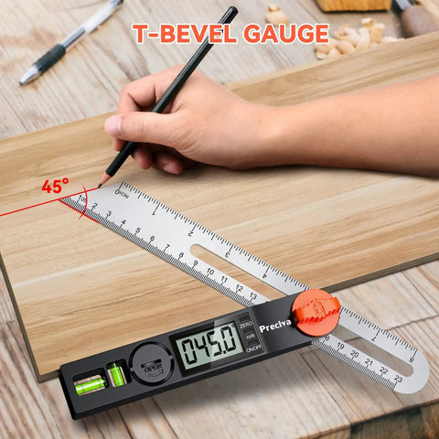 Dope Angle Finder Protractor With Digital Display 0-338 Degrees T-Bevel Gauge and Bubble Level measuring 45-degree angle on wood