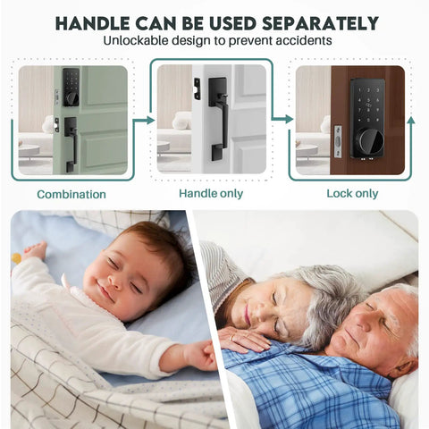 Image shows usage options of Keyless Entry Smart Door Lock With Touchscreen Keypad And Handle; unlocks securely without keys.