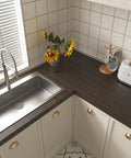 Kitchen view with Wide 32 Inch By 354 Inch Textured Dark Wood Vinyl Film Peel And Stick for countertops next to sink