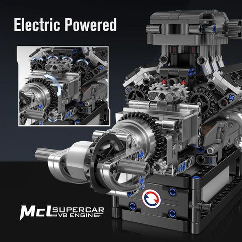 Electric powered V8 Engine Build Kit That Runs Create Your Own Car With Realistic Combustion Engine Blocks, mechanical gears view.