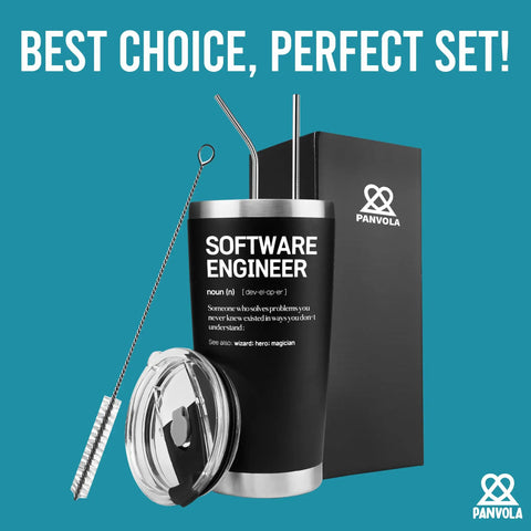 Engineer Definition Coffee Tumbler 20 Oz Vacuum Insulated Stainless Steel With Removable Lid And Straw next to packaging