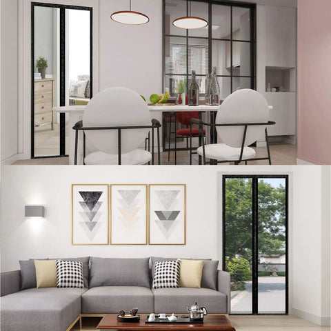 Transparent Magnetic Insulated Curtain for Screen Door in dining room and living room setup, 36x82 inches