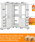 Game-Changing Modular Closet System With 6 Wooden Drawers And Corner Config, Heavy-Duty Walk-In Wardrobe Organizer With 7 Hanging Rods, detailed dimensions and structure layout.