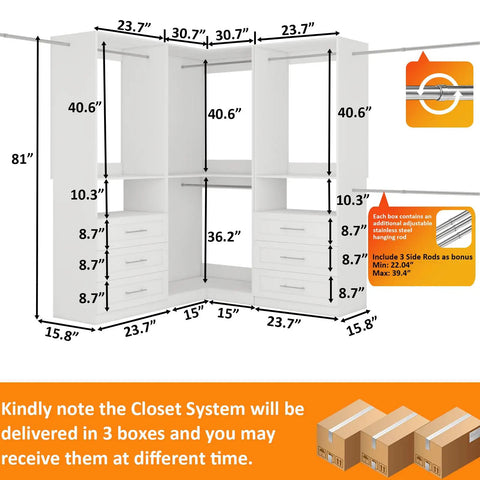 Game-Changing Modular Closet System With 6 Wooden Drawers And Corner Config, Heavy-Duty Walk-In Wardrobe Organizer With 7 Hanging Rods, detailed dimensions and structure layout.