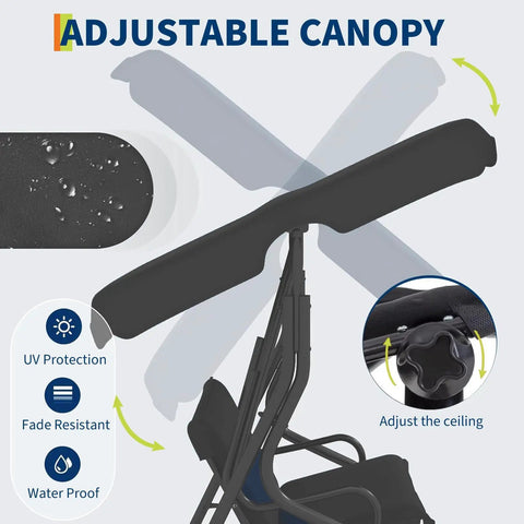 Adjustable canopy of Three Seat Outdoor Porch Swing With Stand And Adjustable Canopy For Backyard Patio, 800 Lb Capacity, Tilt Shade