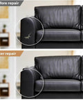Before and after images of a couch arm showing repair with Mega Self Adhesive Faux Leather Patch Strip For Seamless Couch And Auto Seat Repair Heavy Duty Vinyl Film Covering Splits And Wear Black Peel Ready Application That Truly Slaps And Takes Care Of Business Fast.