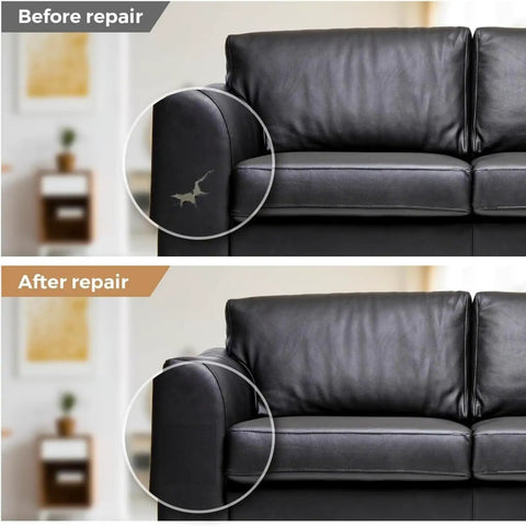 Before and after images of a couch arm showing repair with Mega Self Adhesive Faux Leather Patch Strip For Seamless Couch And Auto Seat Repair Heavy Duty Vinyl Film Covering Splits And Wear Black Peel Ready Application That Truly Slaps And Takes Care Of Business Fast.