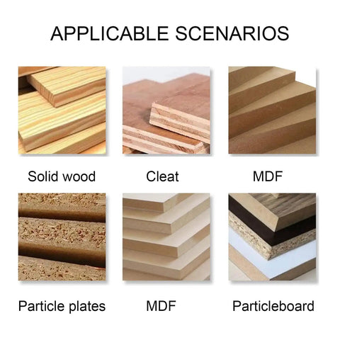 Image showing different wood materials: solid wood, cleat, MDF, particle plates, particleboard for CNC Spoilboard Surfacing Router Bit for Slab Flattening One And A Quarter Inch Cut Diameter Alloy Steel Body With Anti Kickback Design Durable Bottom Cleaning Router Bit.