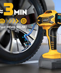 20V Cordless Tire Inflator And Air Compressor With 160 PSI, Portable Electric Pump inflating a car tire with digital gauge display