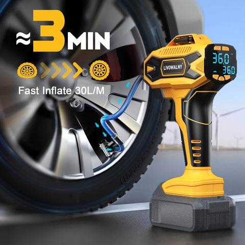 20V Cordless Tire Inflator And Air Compressor With 160 PSI, Portable Electric Pump inflating a car tire with digital gauge display
