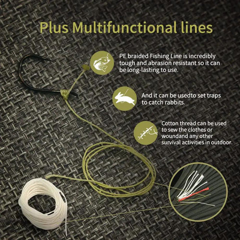 Close-up of Rugged Paracord Kit 100 Feet Of 7 Strand Nylon Fire Starter Rope With Red Tinder Cord And Fishing Line features on dark background.