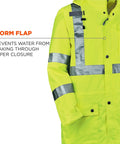 GloWear 8365 Rain Jacket High Visibility Reflective ANSI Compliant Lime Outerwear storm flap detail with waterproof feature