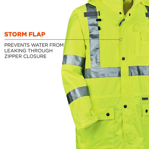 GloWear 8365 Rain Jacket High Visibility Reflective ANSI Compliant Lime Outerwear storm flap detail with waterproof feature