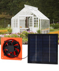 20W Solar Powered Exhaust Fan Kit With Monocrystalline Silicon 5V Panel Vent Fan in front of greenhouse