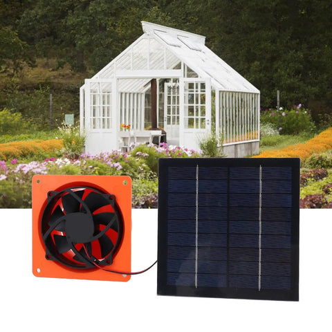 20W Solar Powered Exhaust Fan Kit With Monocrystalline Silicon 5V Panel Vent Fan in front of greenhouse