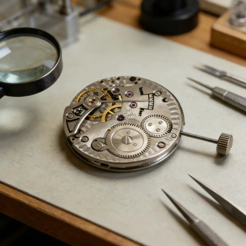 Drop In Hand Winding Mechanical Watch Movement ST3621 ETA6498 Replacement Part on workbench with magnifying glass