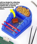Blue Heat-Resistant Silicone Soldering Wire Holder With 6 Grooves, Brass Wool Cleaner, Storage Tray, Helping Hands Soldering Fixture For Wire Welding, Safe Hands-Free Soldering, Fits Wires 32-7AWG in use, showing tray and tools.
