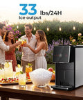 Slick Countertop Nugget Ice Maker With Self Dispensing Tray Drops Thirty Three Pounds Of Fresh Chewy Ice Daily Ready In Ten Minutes, shown at a backyard gathering.